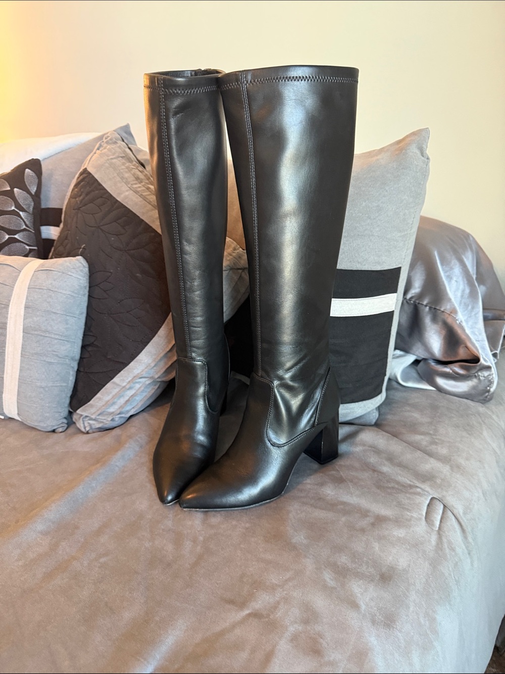 Franco Sarto Black Knee-High Pointed Toe Block Heel Boots - Smooth Leather